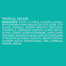 Body lotion label panel with Tropical Escape scent ingredients text