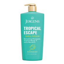 Teal scented body lotion bottle with gold pump; Tropical Escape label
