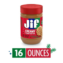 Peanut butter jar with red lid and 16 oz label