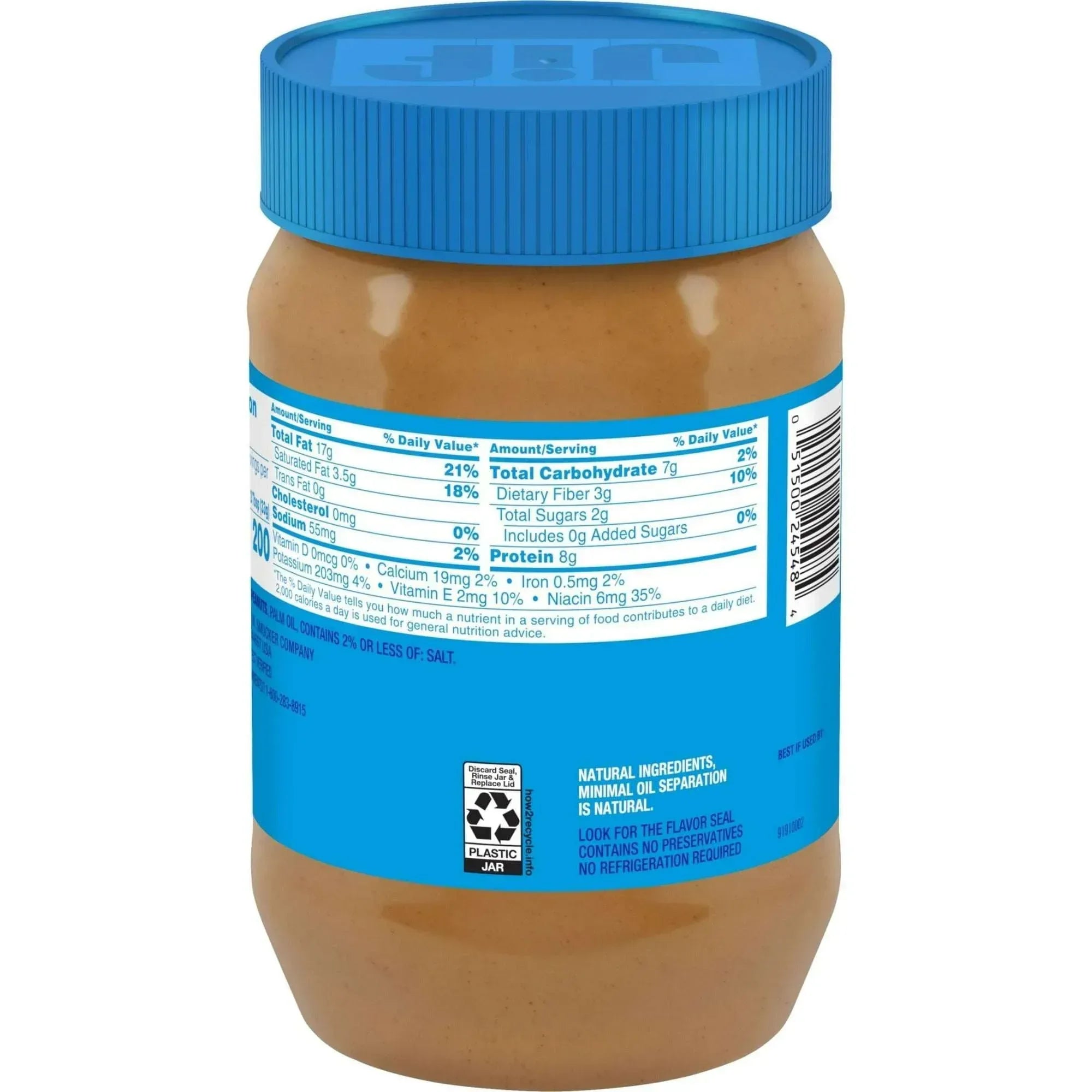 Jif No Added Sugar Creamy Peanut Butter Spread, 33.5 oz - Smooth, Creamy Texture, No Stir Peanut Butter Spread