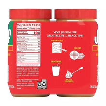 Creamy peanut butter jars with back label showing nutrition facts and usage icons