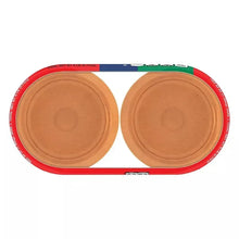 Peanut butter jar bottoms, beige circular base with red outer ring