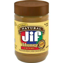 Jif Natural creamy peanut butter spread with honey jar, brown lid and front label