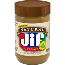 Jif Natural creamy peanut butter spread jar with brown plastic lid