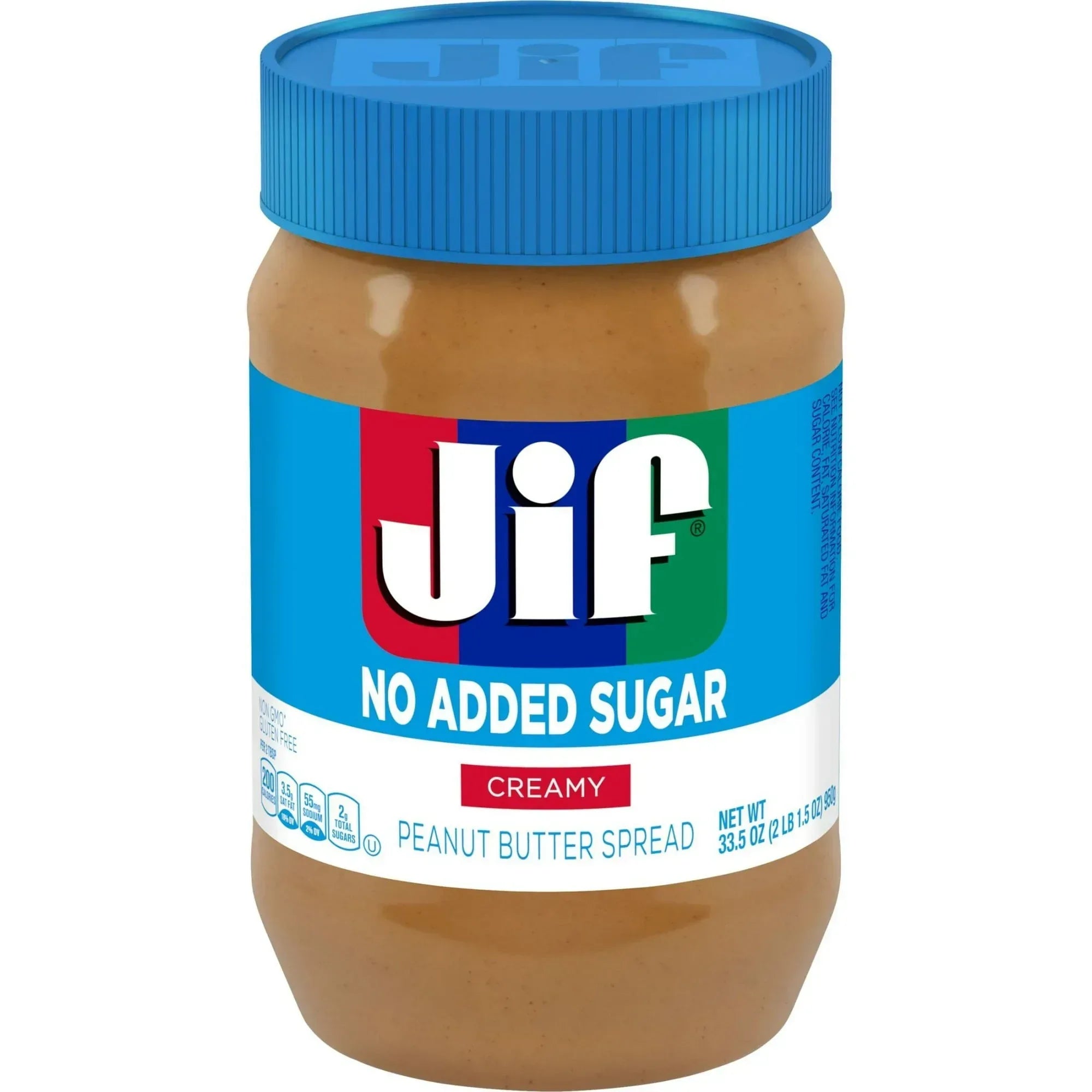 Jif No Added Sugar Creamy Peanut Butter Spread, 33.5 oz - Smooth, Creamy Texture, No Stir Peanut Butter Spread