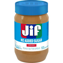 Jif creamy peanut butter spread jar with blue lid and no added sugar label