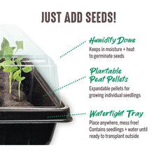 Seed starting feature card for humidity dome, plantable peat pellets, and watertight tray