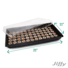 Black seed starter tray of peat pellets with a clear cover and size indicators