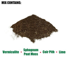 Soil mix ingredients with dark soil: vermiculite, sphagnum peat moss, coir pith, lime