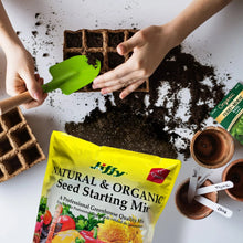 Seed starting mix pouch with hands placing soil-filled planting tray