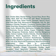 Jinx dog food ingredients list panel with long ingredient text