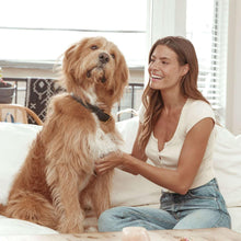 Jinx dog food lifestyle photo of a light brown dog beside a smiling woman