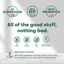 Jinx dog food claims panel with superfood, real beef, and BC30 probiotics icons