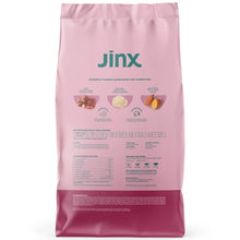 Jinx dry dog food bag back with ingredient and nutrition information blocks