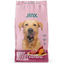 Jinx dry dog food bag front with dog graphic and beef brown rice sweet potato text