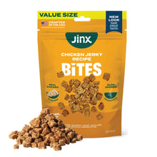 Jinx chicken jerky bites bag with scattered treat pieces