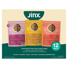 Jinx Homemades wet dog food variety pack, 12-count, back labels on three pouches