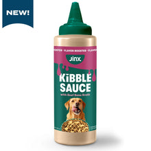 Jinx Kibble Sauce dog meal topper bottle with green cap, beige and teal label