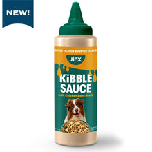 Dog kibble sauce bottle with chicken bone broth, green cap and beige label