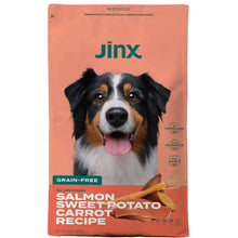 Grain-free dog treat bag with dog face and Salmon Sweet Potato Carrot recipe text