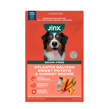 Grain-free dog food bag in red, Atlantic salmon sweet potato & carrot recipe