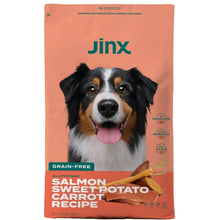 Grain-free dog food bag with Jinx logo, Salmon Sweet Potato Carrot recipe front