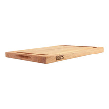 Maple edge-grain cutting board, juice groove channel along top edge, BooS Blocks logo
