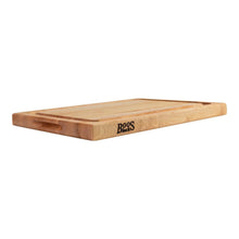 Maple cutting board with juice groove, side view, BooS Blocks logo