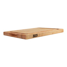 Maple edge-grain cutting board, juice groove along front edge, BooS Blocks logo
