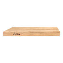 Maple edge-grain cutting board with brand logo on end, light wood