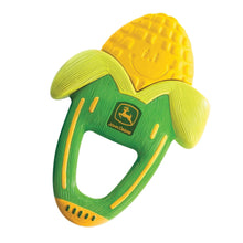 Green and yellow corn-shaped vibrating baby teether with John Deere logo