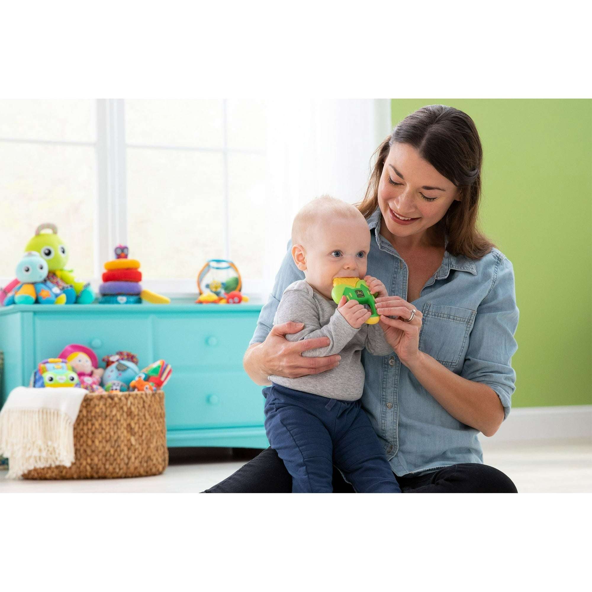 John Deere Massaging Corn Teether, Vibrating and Soothing Baby Teething Toy, Green + Yellow