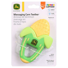 John Deere Massaging Corn Teether retail card with green and yellow toy