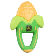 Green and yellow corn-shaped baby teether with dimpled top and John Deere logo