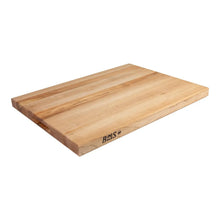 Maple edge-grain cutting board with beveled side and brand logo, light wood
