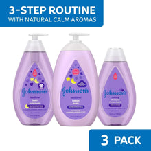 Three pack of baby bedtime routine bottles: bath, lotion, and calming shampoo
