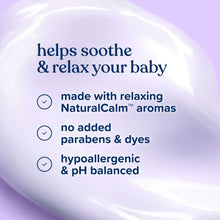 Purple lotion bottle label close-up: soothes and relaxes with NaturalCalm aromas