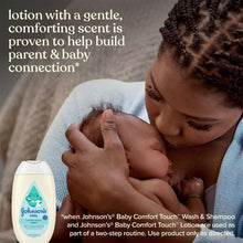 Baby comfort touch lotion bottle beside newborn care scene