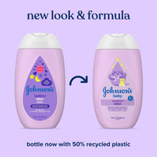 Two lavender Johnson's Baby Bedtime lotion bottles with new look and formula layout