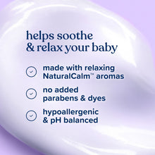 Baby bedtime lotion label: NaturalCalm aromas, no added parabens & dyes, pH balanced