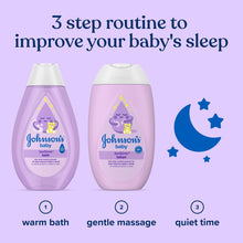 Two lavender baby bedtime lotion bottles with moon and bedtime routine icons