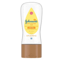 Johnson's Baby body moisturizing oil gel bottle with yellow label and brown cap, 6.5 fl oz
