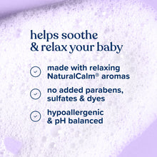 Baby calming shampoo benefit graphic with checklist icons and soothing message text