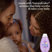 Baby calming shampoo bottle shown near caregiver and baby, purple bottle with white cap
