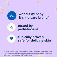Baby calming shampoo promotional graphic with icons and brand claim text