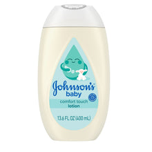 Baby lotion bottle with teal comfort touch label, cream body, 13.6 fl oz