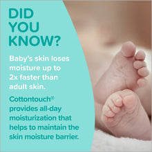 Newborn feet with skin-moisture claim graphic and Cottontouch text