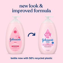 Two pink baby lotion bottles with pumps, new look & improved formula