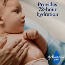 Baby on blue towel with '72-hour hydration' claim and Johnson’s logo