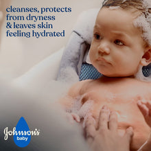 Baby in bath with foam, Johnson’s baby logo visible